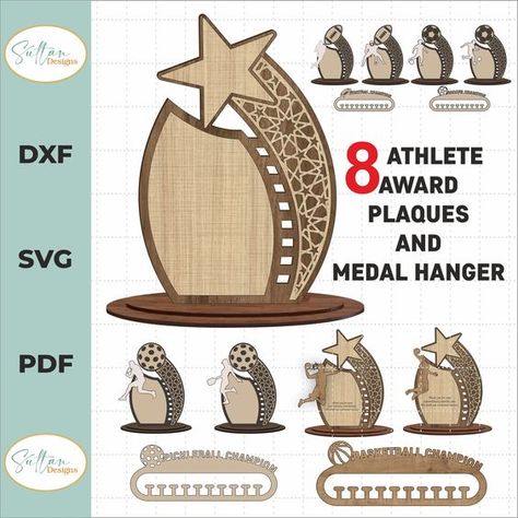 Laser cut files templates Wooden Award, Wood Laser Ideas, Mom Frame, Laser Cut Decor, Award Trophy, Laser Cut Wood Crafts, Trophy Design, Medal Hanger, Laser Ideas