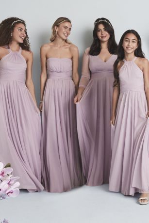 Mesh Illusion Long Sleeve Bridesmaid Dress | David's Bridal Dark Mauve Bridesmaid Dress, Dusty Purple Wedding, Enchanted Dress, Mauve Bridesmaid, Mauve Bridesmaid Dress, Bridesmaid Dress Chiffon, Long Sleeve Bridesmaid Dress, Dark Mauve, Convertible Bridesmaid Dress