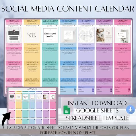 Social Media Content Calendar and Planner, Google Sheets Spreadsheet Template, Rainbow Social Media Planner, Social Media Tracker Social Media Content Planning, Monthly Social Media Planner, Content Calendar Google Sheets, Social Media Schedule Template, Content Planning Template, Social Media Planning Template, Spreadsheet Template Business, Social Media Planning Calendar, Social Media Templates Design