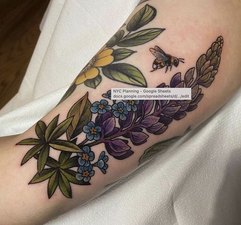 Neo Traditional Wildflower Tattoo, Black And White Tattoo With Pop Of Color, Floral Filler Tattoo Ideas, Wildflower Tattoos, Geometric Building, Larkspur Tattoo, Purple Tattoos, Magnolia Tattoo, Green Tattoos