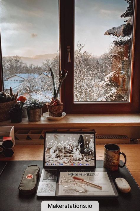 Study Desk Setup Writer Office Aesthetic, Desk Setup Window, Study Table In Front Of Window, Desk In Front Of Window Bedroom, Desk At Window, Cosy Study Room, Study With A View, Desk In Front Of Window, Study Desk Setup