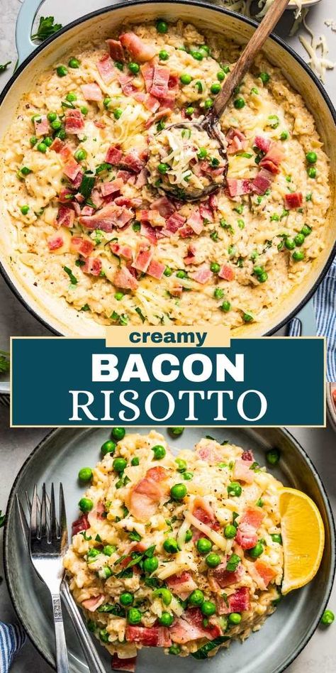 This creamy bacon risotto recipe with sweet peas, garlic, and onions is a fancy but easy dinner option. Top it with melty Monterey Jack cheese and spicy black pepper for the perfect finishing touch. Add fried shallots for extra crunch! Microwave Chicken Recipes, Steam Chicken Recipe, Bacon Risotto, Pea Risotto, Risotto Recipes Easy, Risotto Dishes, Easy Dinner Options, Risotto Recipe, Fried Shallots