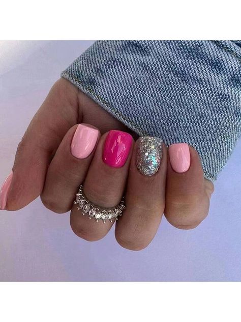 Multicolor  Collar  ABS  Color Nails Embellished   Nail,Hand & Foot Care Glitter Summer Nails, Nails In Pink, Summertime Nails, Acrylic Gel Nails, Feather Nails, Short Fake Nails, Summery Nails, Short Square Acrylic Nails, Color Nails