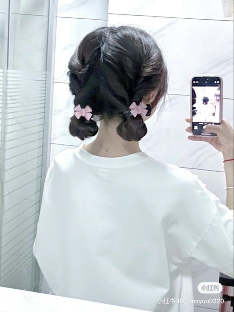 Cute Korean Bun Hairstyles, Cute Hairstyles Bun, Short Updo Hairstyles, 2 Buns Hairstyle, Short Updo, 2 Buns, Cute Bun, Hairstyles Anime, Short Hair Tomboy