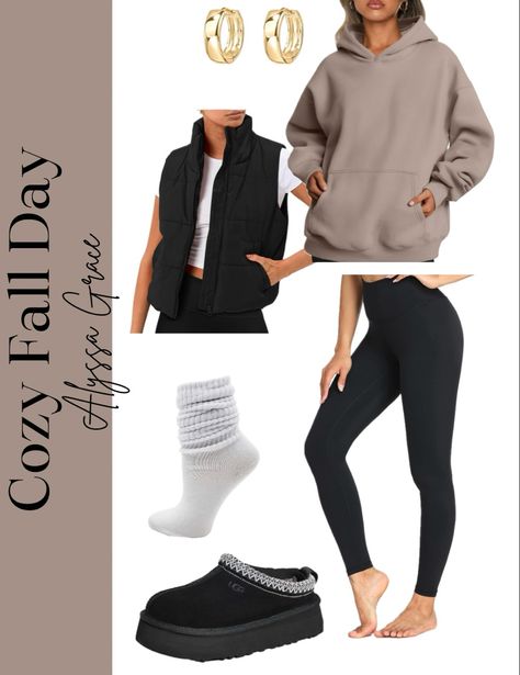 Black leggings, nude brown sweatshirt, black platform Tasman Uggs, white scrunch socks, black puffer vest, gold hoop earrings Scrunch Socks Outfit, Slouch Socks Outfit, Fall Coffee Shop, Scrunch Socks, Socks Outfit, Slouch Socks, Sock Outfits, Fall Coffee, Fall Day