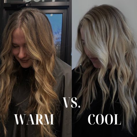 Warm vs cool. Let’s chat about it! ✨Saying you want to be blonde is not specific enough for your stylist. There are two major tones and then those are broken down into sub categories. 🔥WARM Warm blondes are more golden/honey toned. This includes your caramels,coppers etc. warmth also reflects light. ❄️COOL Cool tones are ashy toned. This includes icy blonde,platinums,pearl etc. this time is bright but can often look dull. Because of all the ash pigment. 🫶🏼It’s important to know what shades of blonde you do and do not like. Always show your stylist pictures at your consultation! Cool Blonde Vs Warm Blonde, Warm Blonde Vs Cool Blonde, Cool Vs Warm Blonde, Stylist Pictures, Balyage Blonde, Blonde Hair Goals, Warm Blonde, Golden Honey, Icy Blonde