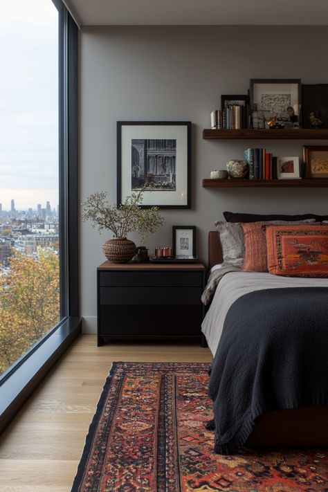 Design a modern master bedroom with these trending decor tips and ideas. Modern Small Primary Bedroom, Men’s Headboard, Men’s Bedroom Master, Master Apartment Bedroom Ideas, Room Ideas Men Bedrooms, Masculine Spare Bedroom, Guest Bedroom Ideas Grey Walls, Mid Century Modern Industrial Bedroom, Boy Apartment Bedroom