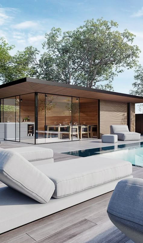 Minimalist Pool House, Scandinavian Pool House, Backyard Pool And Pool House, Pool House Modern, Poolhouse Guesthouse, Modern Pool House Design, Contemporary Pool House, Modern Pool Cabana, Modern Orangery