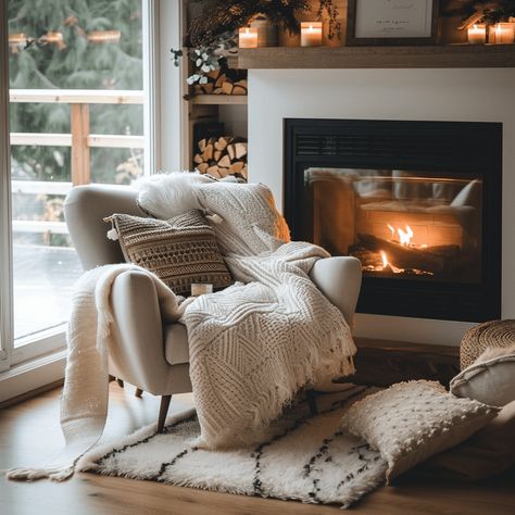 cozy armchair by an electric fireplace Chairs By The Fireplace, Fireplace Chairs Cozy, Cozy Fireplace Seating, Fireplace Seat, Fireplace Chairs, Fireplace Seating Area, Create Pin, Cozy Armchair, Fireplace Sitting Area