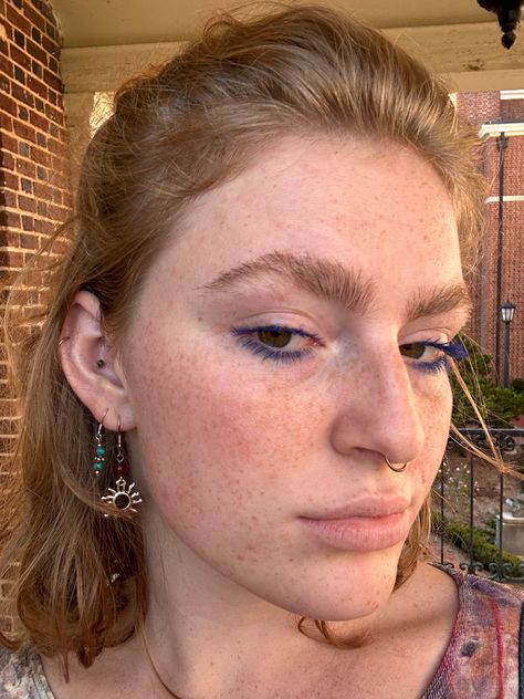 side profile woman prominent nose large nose big eyebrows woman ear piercings hippie jewelry septum piercing green eyes freckles Big Nose Septum Piercing, Septum Piercing Big Nose, Septum Big Nose, Green Eyes Freckles, Side Profile Woman, Prominent Nose, Big Eyebrows, Large Nose, Blue Mascara