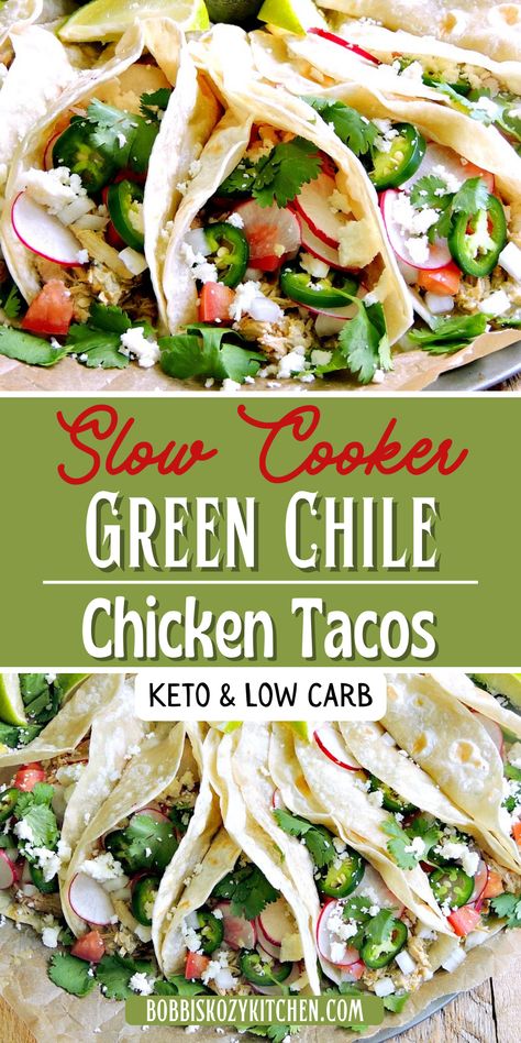 Slow Cooker Green Chile Chicken Tacos Green Chile Chicken Recipes, Green Chicken Tacos, Green Chili Chicken Tacos, Chilli Verde, Green Chili Verde, Crowd Food, Chicken Chili Verde, Chicken Verde, Verde Chicken