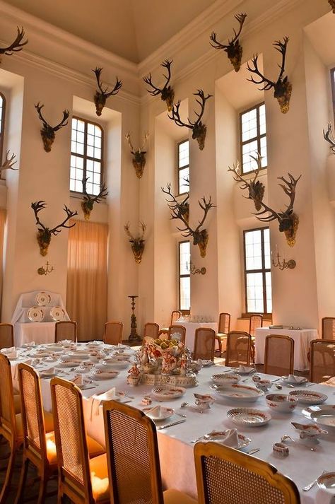 Hunting Lodge Interiors, Deer Antler Decor, Deer Heads, European Palace, Castle Decor, Hunting Room, Palace Interior, Trophy Rooms, English Decor