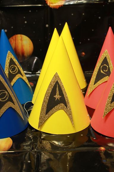 Star Trek Party Cone Hats- Inspired from another post that I found, I made these hats for my sons 1st Birthday party. Star Trek Birthday Party Decorations, Star Trek Party Food, Star Trek Party Ideas, Star Trek Decorations Party, Star Trek Birthday Party, Birthday Ideas For Husband, Star Trek Baby, Star Trek Birthday, Star Trek Party