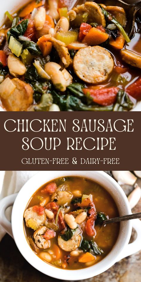 Italian Chicken Sausage Soup is the perfect meal for a cold winter day! It's hearty, satisfying, and packed with flavor! Plus, it only takes about 20 minutes to prepare, and you only need a few simple ingredients like carrots, celery, garlic, and onions. Sausage Vegetable Soup Recipes, Chicken Sausage Soup Crockpot, Soup With Chicken Sausage, Chicken Sausage Soup Recipes, Italian Chicken Sausage Soup, Sausage Soup Crockpot, Chicken Sausage Soup, Sausage And Bean Soup, Easy Italian Chicken