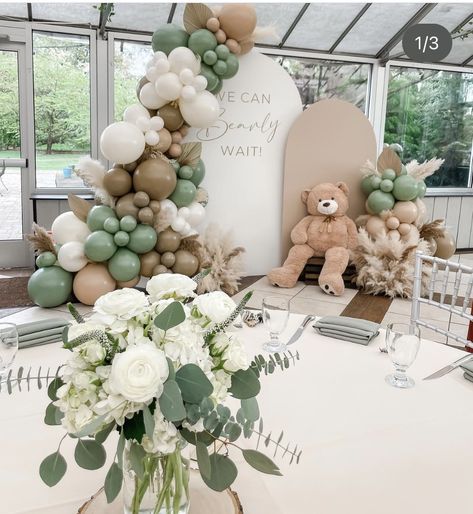 We Can Bearly Wait Sage Green, Gender Reveal Ideas Sage Green, We Can Bearly Wait Backdrop Ideas, Gender Reveal Small Party, Sage Green Bear Baby Shower Ideas, Green Bear Baby Shower Theme, Green Teddy Bear Baby Shower Theme, Sage Green Baby Shower Decor, Spring Baby Shower Ideas For Boys