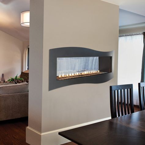 AH boulevard Fireplace Dining Room, Vent Free Gas Fireplace, Fireplace Dining, Indoor Fireplaces, Direct Vent Fireplace, Two Sided Fireplace, Ventless Fireplace, Linear Fireplace, Brick And Wood