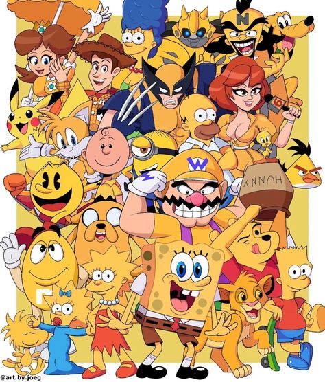 Yellow Cartoon Characters Coloring Characters Tutorial, Yellow Characters Cartoon, Cartoon Collage Drawings, Characters Photography, Yellow Cartoon Characters, Yellow Characters, Crossover Fanart, Color Characters, Blue Characters