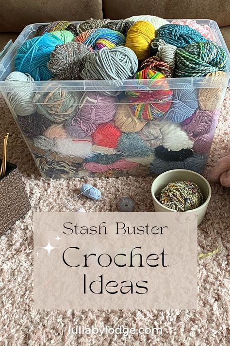 Get ready for the 2024 Crochet Stashbusting Challenge! This is your chance to use up your yarn stash with a variety of crochet projects, from small and quick to larger and more detailed. We'll also include festive holiday makes to add a seasonal touch. Join our community for daily inspiration, share your progress, and let's bust that stash together! Yarn Busting Projects, Dollar Tree Yarn Crochet, Scrap Buster Crochet, Things To Crochet With Scrap Yarn, Crochet Craft Room Ideas, Stashbuster Crochet Patterns, Stash Buster Crochet Projects, Crochet Stash Buster Projects, Leftover Yarn Projects Crochet