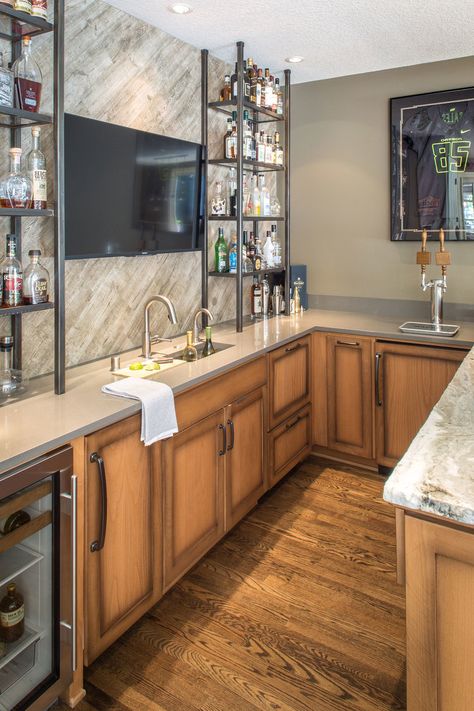 Man Cave — Taryn Emerson Interiors Bar Wall With Tv, Tv Behind Bar, Basement Bar Backsplash Ideas, Basement Bar Backsplash, Behind Bar Wall Ideas, Tv Bar Wall Ideas, Basement Bar With Tv, Basement Refresh, Basement Bathrooms