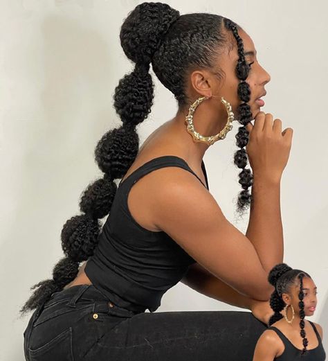 Afro-Inspired Bubble Ponytail Hairstyle Africa Threading Hairstyles, Afrofuturism Hairstyles, High Ponytail Hairstyles, Hairstyles For Natural Hair, Natural Hair Styles For Black, Bubble Ponytail, Marley Hair, Natural Afro, Black Ponytail Hairstyles