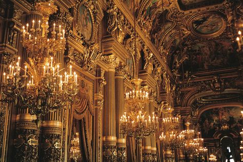 The Grand Foyer, Palais Garnier, Paris Palais Garnier Paris, Ballroom Aesthetic, Castle Aesthetic, Royal Aesthetic, Grand Foyer, Gold Aesthetic, I Love Paris, Fantasy Castle, Beautiful Architecture