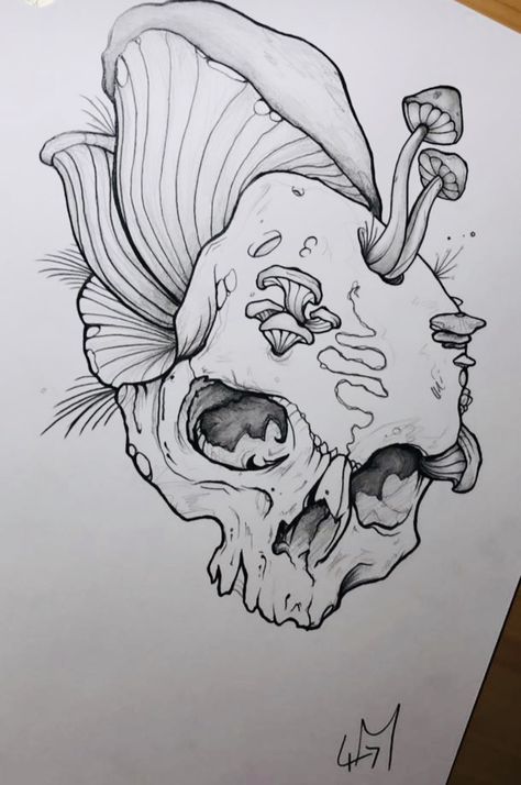 #mushrooms #tattooideas #skull #skullart #skeleton #sketch #pencilart #pencilsketch #pencildrawings #blackandwhite #skulltattoos Mushroom And Skull Drawing, Scary Skull Sketch, Mushroom Skeleton Art, Skull With Mushrooms Drawing, Skull Mushroom Drawing, Mushroom Skull Drawing, Skulls With Mushrooms, Mushroom Skull Tattoo, Skeleton With Mushrooms