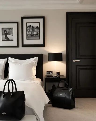 ↑↑↑ Larger size on website 🔸 A stylish bedroom with a black and white color scheme. A large bed with white linens and a black hea 🔸 From Midjourney AI Image Parisian Bedroom Design, Modern Parisian Bedroom, Parisian Bedroom, Black And White Bedroom, Modern Parisian, White Linens, Large Bed, Black Headboard, Black Lamp