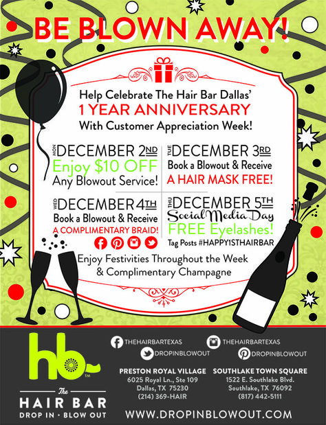 Help The Hair Bar celebrate Dallas' One-Year Anniversary and Customer Appreciation Week from December 2nd-5th! Hair Salon Anniversary Party Ideas, Hair Salon Anniversary Ideas, 1 Year Business Anniversary Party Ideas, Salon Anniversary Ideas, Business 1 Year Anniversary Ideas, Salon Anniversary, Year Anniversary Ideas, Bar Quotes, Business Anniversary