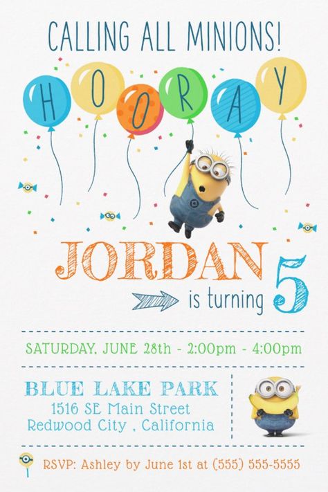 Despicable Me | Minion Balloon Birthday Invitation
Minions Franchise © Universal City Studios LLC. All Rights Reserved. Invite all your family and friends to your child's Despicable Me themed Birthday party with these cute Minion invites. Personalize by adding all your party details. Minion Party Invitations, Minion Balloons, Minions Birthday Theme, Minion Invitation, Minion Birthday Invitations, Minions Birthday, Minion Theme, Minion Birthday Party, Despicable Me Minions