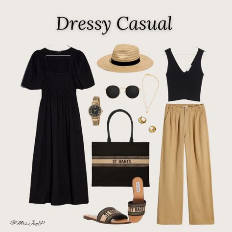 Dressy casual spring or summer outfit inspo. Midi dress. Loose fit dressy pants. Black tank top. Sandals. Straw fedora hat. Gold jewelry. Brunch looks. Lunch looks. Follow my shop @Mrs.JayP on the @shop.LTK app to shop this post and get my exclusive app-only content! #liketkit #LTKFind #LTKSale #LTKstyletip @shop.ltk Black Wedges Outfit Summer, Summer Wedges Outfit, Black Wedges Outfit, Brunch Looks, Hawaiian Cruise, Sandals Outfit Summer, Fall Winter Capsule Wardrobe, Transitional Outfits, Spring Summer Capsule Wardrobe