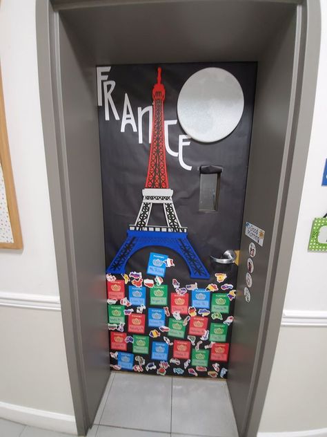 Internationally Themed Door Decoration Ideas  At Seminole Science Charter School in Lake Mary, Florida, they had their Annual International Night. The entire school was transformed into a global adventure as all of the classrooms ranging from Kindergarten to 8th grade were made to become countries found all around the Earth. there was fun, food, and lots of learning about cultures around the Planet. French Theme Classroom, French Classroom Door Ideas, Europe Classroom Decor, Foreign Language Classroom Decorations, Paris Bulletin Board Ideas, France Classroom Decorations, Paris Theme Classroom, France Classroom Theme, Ratatouille Classroom Theme