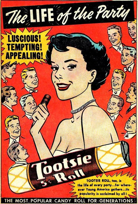 The history of Tootsie Rolls, once America's favorite candy (and Tootsie Pops, too) 1950s Ads, 1950s Party, Futurisme Retro, Poster Vintage Retro, Vintage Advertising Posters, Tootsie Roll, Psy Art, Old Advertisements, Keramik Design