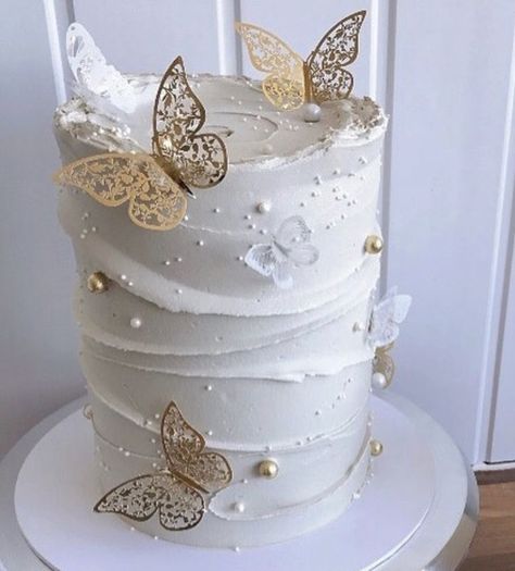 Gold And White Cake, Golden Birthday Cakes, Birthday Cake Roses, Modern Birthday Cakes, 14th Birthday Cakes, 18th Cake, White Birthday Cakes, Butterfly Birthday Cakes, Birthday Cake Decorating Ideas