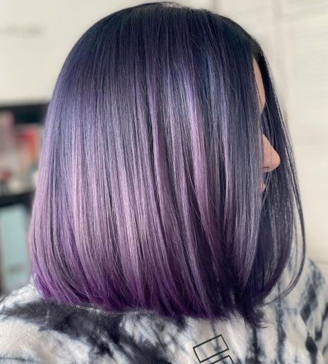 Purple Highlights for Black A-Line Lob Dark Purple Highlights, Lavender Grey Hair, Lilac Highlights, Purple Brown Hair, Purple Grey Hair, Purple Hair Highlights, Lavender Hair Colors, Purple Balayage, Dark Purple Hair