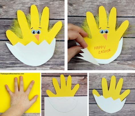 Easter chick handprint card - The Keeper of the Cheerios Påskeaktiviteter For Barn, Preschool Easter, Easter Crafts For Toddlers, Construction Paper Crafts, Easy Easter Crafts, Moms Crafts, Spring Crafts For Kids, Easter Chick, Daycare Crafts