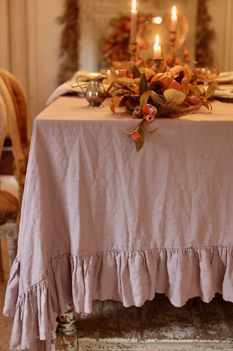 garland on table with blush tablecloth Garland On Table, Easy Thanksgiving Table Centerpieces, Thanksgiving Table Centerpiece Ideas, French Country Tablecloths, Thanksgiving Centerpiece Ideas, Blush Tablecloth, French Country Cottage Christmas, Bronze Turkey, Outdoor Thanksgiving