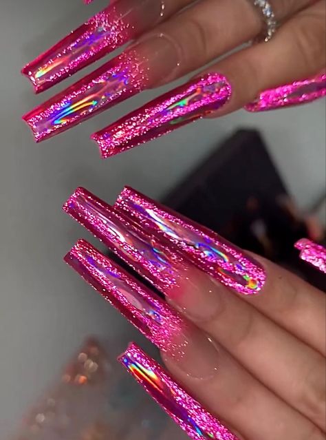 Pink Bling Makeup, Nicki Minaj Concert Nails, Long Glitter Acrylic Nails, Long Coffin Nails, Cute Bling Nails, Baddie Bling Nails, Long Acrylic Nail Designs, Nails Design With Rhinestones, Dope Nail Designs