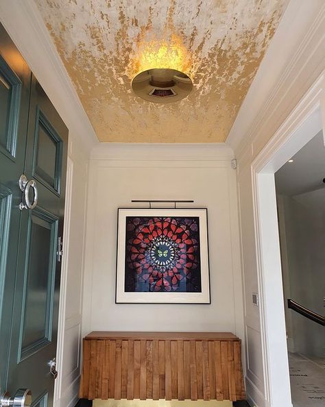 Basement Oasis, Rose Gold Ceiling, Gold Leaf Ceiling, Ceiling Artwork, Using Gold Leaf, Baxter Sofa, Metallic Paint Walls, Patina Wall, Gold Leaf Paint