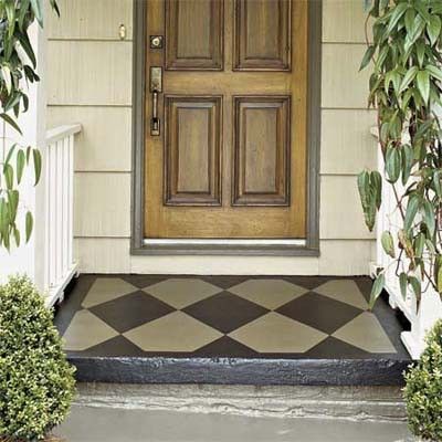 Black grey painted checkerboard floor For the front porch door area. Concrete Front Porch, Painted Concrete, Concrete Porch, Painting Concrete, Painted Floors, Outdoor Projects, Beautiful Space, House Inspiration, Curb Appeal