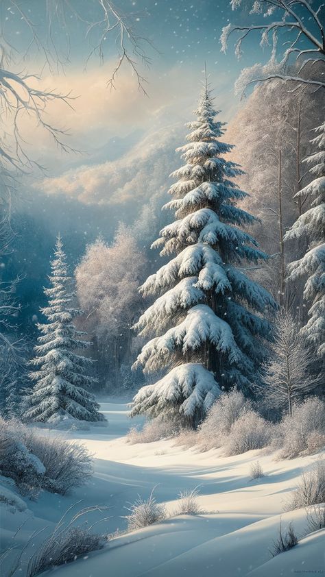 Deer In Snow Aesthetic, Snowy Winter Painting, Winter Scenes Wallpaper, Winter Trees Wallpaper, Snow Scenes Winter Landscape, Snowy Mountains Painting, Snowflake Painting, Winter Mountain Landscape, Winter Wonderland Wallpaper