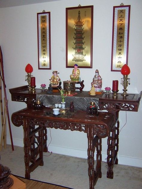 Lovely Buddhist home altar with beautiful rosewood? or teak? two ... Buddha Altar Ideas, Modern Altar Design, Buddhist Altar Home, Altar Design Home, Modern Altar, Buddhist Home, Buddha Altar, Installation Architecture, Altar Design