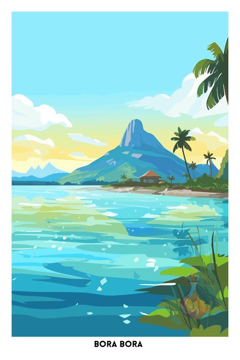 🌴 Wonderful wall art, perfect for coastal style house decor! 😃🍹🏄‍♀️ Coastal Graphics, Bora Bora Beach, Star Wars Travel Posters, Bora Bora Travel, Illustration Beach, Vertical Art, Beach Paintings, Sea Illustration, Beach Illustration