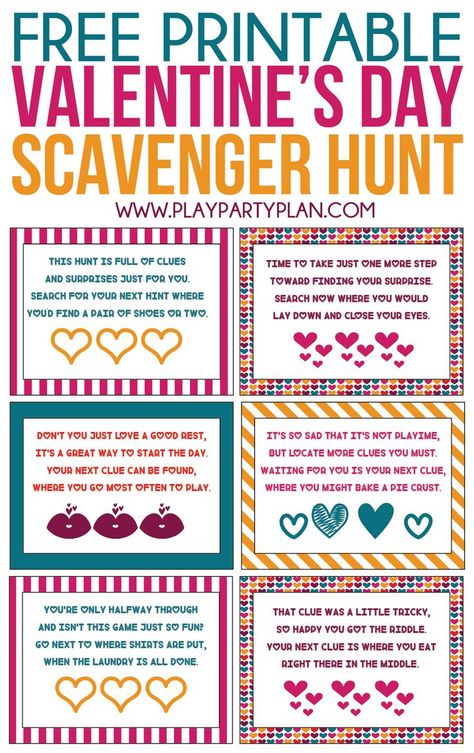 This Valentine’s Day scavenger hunt for kids is perfect for activities for kids in preschool or even elementary school! Simply print out the printable cards, hides with treats, or other Valentine’s Day surprises, and you have one of the best Valentine’s Day games ever! Perfect for a party at home or even just for happy kids! Treasure Hunt For Kids, Scavenger Hunt Clues, Valentines Games, Valentinstag Party, Valentine Gifts For Kids, Scavenger Hunt For Kids, Valentine's Day Games, Valentine Activities, Valentines Printables Free