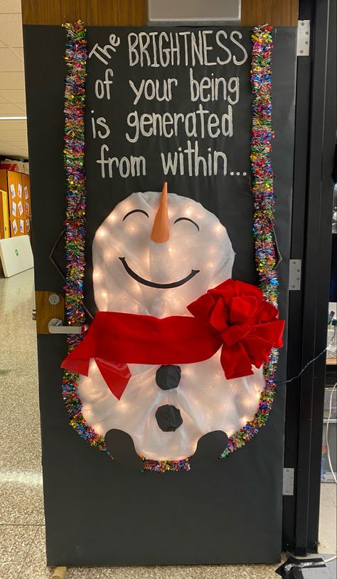 Snowman on a swing Swinging Snowman Door Decoration, Snowman Christmas Door Decorations, Christmas School Wall Decorations, Christmas Office Hallway Decorations, Let It Snow Door Decorations For School, School Hallway Christmas Decorations Elementary, Snowman School Door, Sped Door Decorations, Holiday Door Decorations For Work Funny