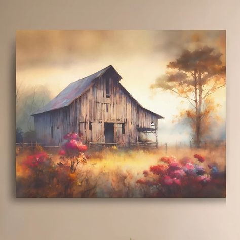 Fall Old Barn Watercolor Style Painting Print Autumn Landscape Rural Wall Art Country Road Farmhouse Decor Canvas Gallery Wraps - Etsy Old Barns Rustic Paintings, Old Barn Paintings, Barn Watercolor, Autumn Countryside, Farm Prints, Watercolor Barns, Office Rustic, Wall Art Country, Barn Wall Art