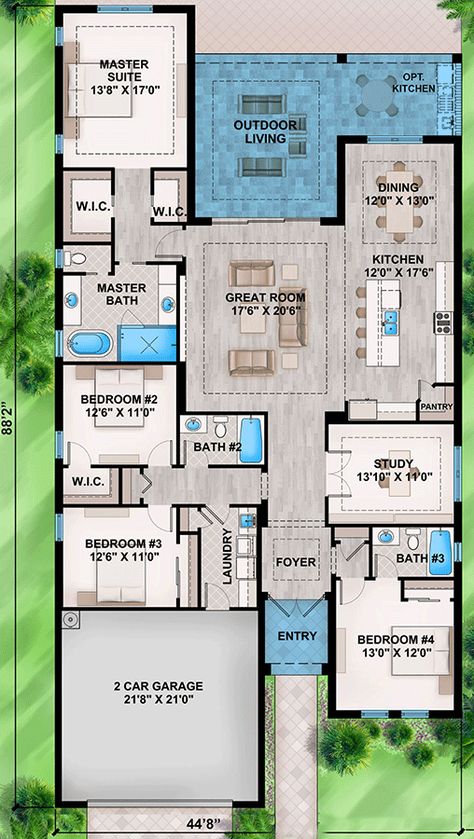 This 4-bed coastal Transitional house plan gives you 2,574 square feet of heated living space and an additional 405 square feet of covered outdoor space on the lanai. Architectural Designs' primary focus is to make the process of finding and buying house plans more convenient for those interested in constructing new homes - single family and multi-family ones - as well as garages, pool houses and even sheds and backyard offices.  Our website offers a vast collection of home designs, encompa Narrow Coastal House Plans, Spanish Bungalow House Plans, Elevated Coastal House Plans, Transitional House Plans, Florida House Plans, Architecture House Plan, Buying House, Pool House Plans, House Plans One Story