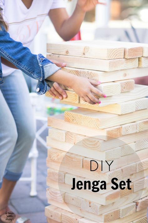 An easy tutorial showing you how to DIY a large Jenga game set! Perfect for outdoor block parties. Super inexpensive to make, on dreambookdesign.com Large Jenga, Diy Jenga, Jenga Game, Outside Games, Giant Jenga, Outdoor Game, Lawn Games, Dream Book, Backyard Games