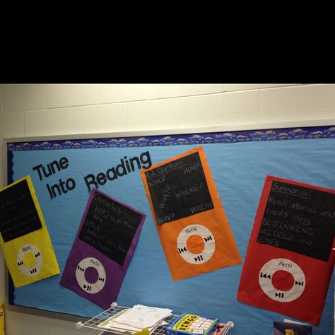 "Tune"  music theme reading bulletin board! Podcast Bulletin Board, Podcast Decor, Ar Goals, Reading Bulletin Board, Ideal Classroom, Middle School Bulletin Boards, Diy Library, Technology Classroom, Music Bulletin Boards