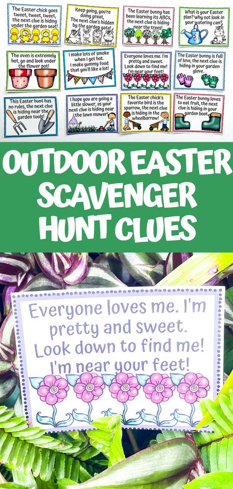 Dive into garden fun this Easter with our free printable outdoor Easter egg hunt clues! Perfect for a sunny or cloudy day, these 12 rhyming clues will lead your little ones on a merry chase through the garden in search of their Easter treats. Tailored to fit any garden, these clues make for an exhilarating hunt for all ages. Whether it's a family tradition or a new activity, these garden clues promise loads of fun and laughter. #EasterEggHunt #EasterActivities Outdoor Easter Scavenger Hunt Clues, Outdoor Easter Egg Hunt Clues, Easter Egg Scavenger Hunt Clues, Outdoor Scavenger Hunt Clues, Easter Scavenger Hunt Clues, Egg Hunt Clues, Easter Egg Scavenger Hunt, Easter Egg Hunt Clues, Easter Scavenger Hunt