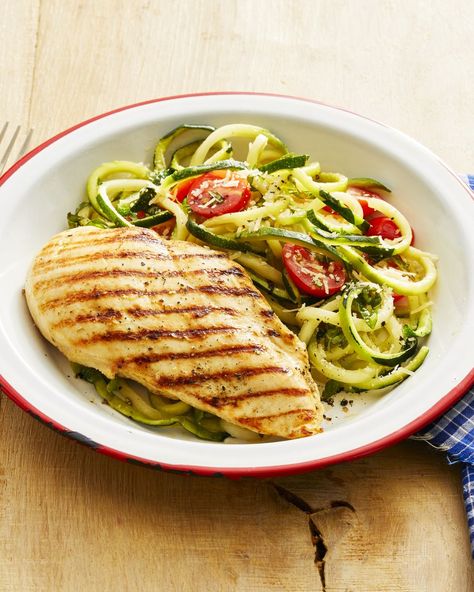 grilled chicken with zucchini noodles Chicken And Zucchini Noodles, Chicken With Zucchini Noodles, Chicken With Zucchini, Chicken And Zucchini, Lemon Orzo Salad, Zucchini Noodle Recipes, Magazine Recipes, Healthy Chicken Dinner, Grilled Chicken Recipes